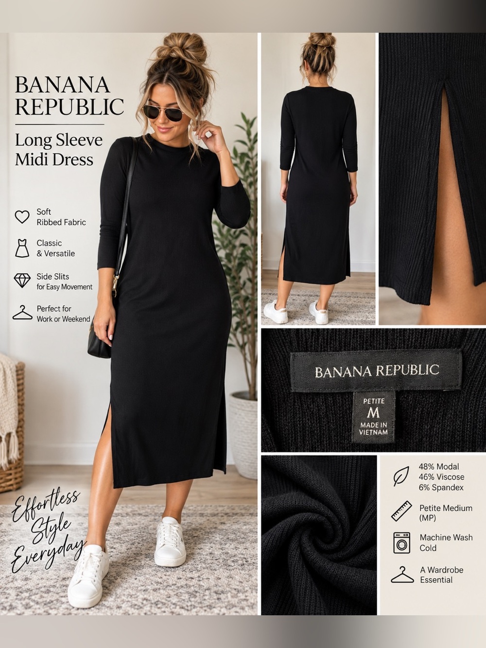 Banana Republic Petite M Black Ribbed Midi Dress Side Slits